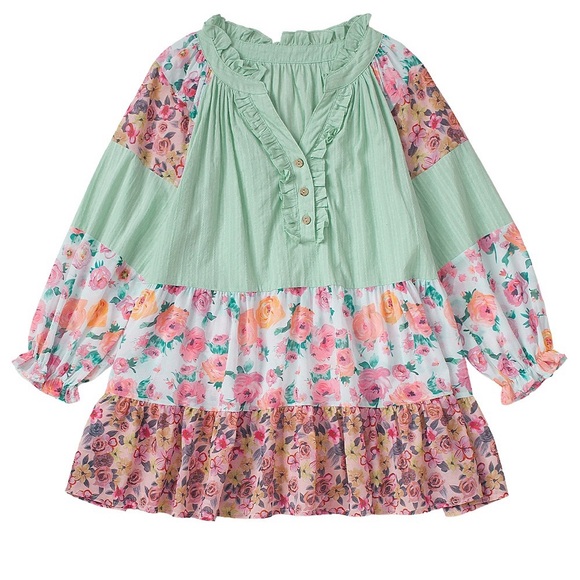 Green Printed Floral Patchwork Frilled Split
Neck Blouse Bohemian Top - Picture 13 of 16